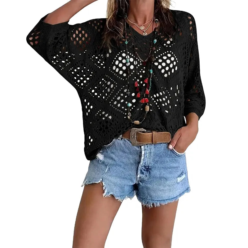 Women's Sexy Hollow Out Crochet Top – Boho Batwing Sleeve V-Neck, Lightweight Beach Vacation Blouse