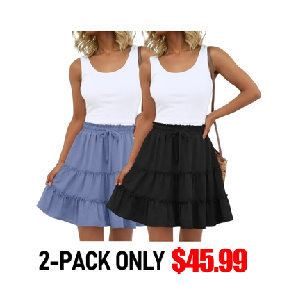 Women's Tiered Ruffle Mini Skirt – High Waist Elastic Drawstring Flowy A-Line Skirt for Beach, Vacation & Summer Style
