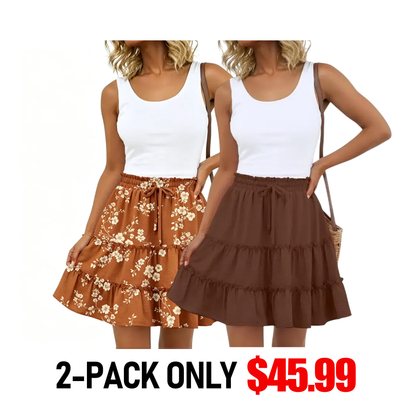Women's Tiered Ruffle Mini Skirt – High Waist Elastic Drawstring Flowy A-Line Skirt for Beach, Vacation & Summer Style