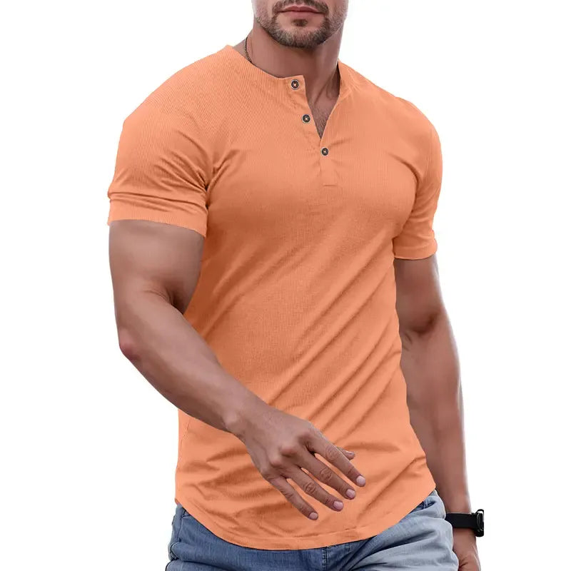 Men's Ribbed Henley T-Shirt – Slim Muscle Fit, Soft Stretch Short Sleeve Tee for Gym, Casual & Everyday Wear