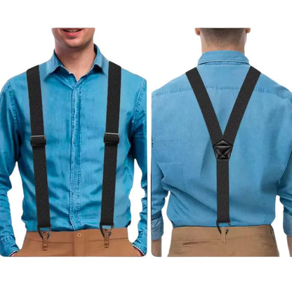 Men's 1.5 Inch X-Back Elastic Suspenders – Adjustable Heavy Duty Carabiner Hook Clips with Leather Cross Pad, Work, Business & Casual Style