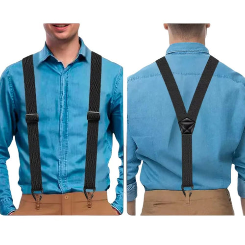 Men's 1.5 Inch X-Back Elastic Suspenders – Adjustable Heavy Duty Carabiner Hook Clips with Leather Cross Pad, Work, Business & Casual Style