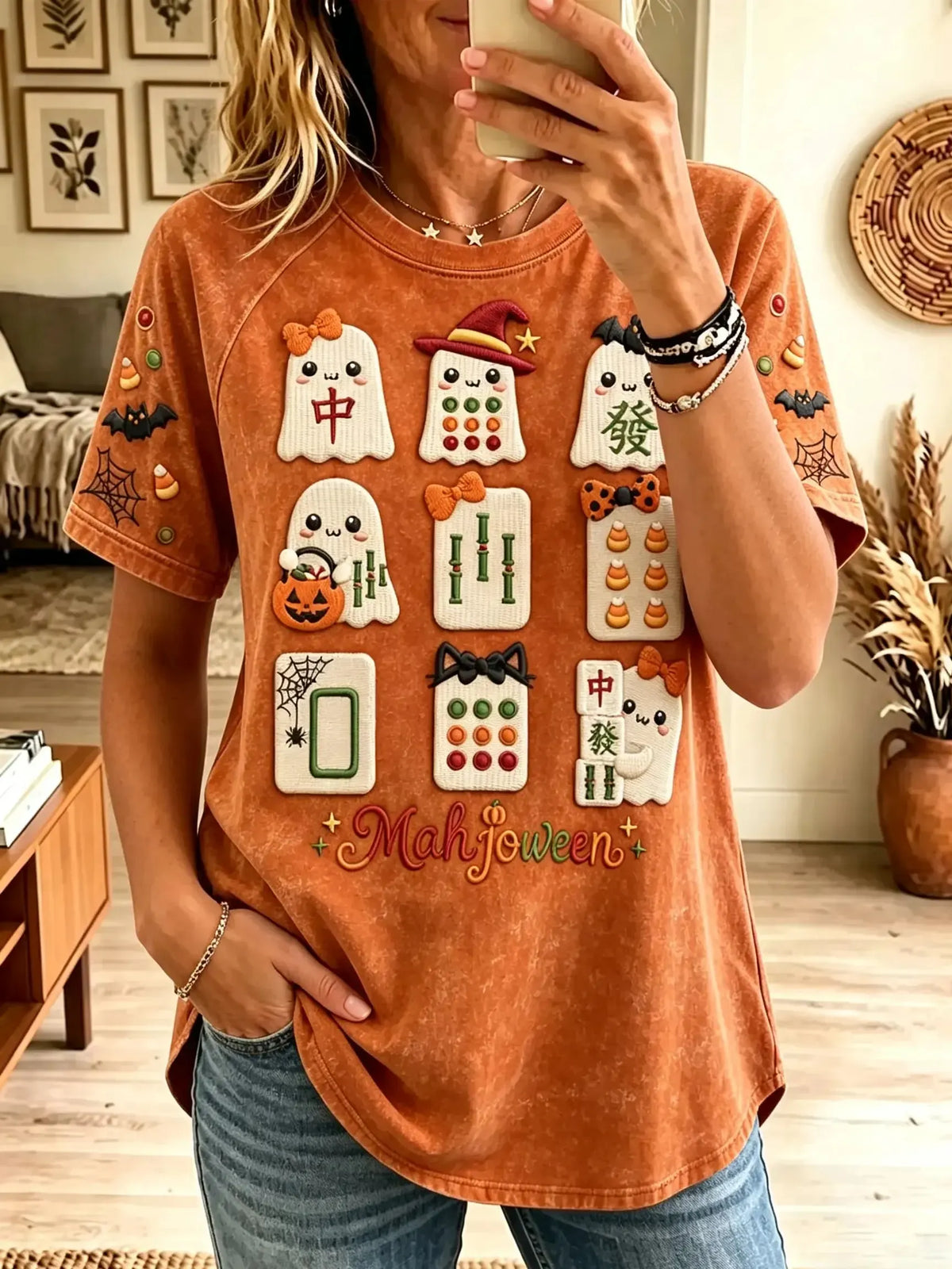 Women's Mahjong Ghost Graphic Acid Wash T-Shirt