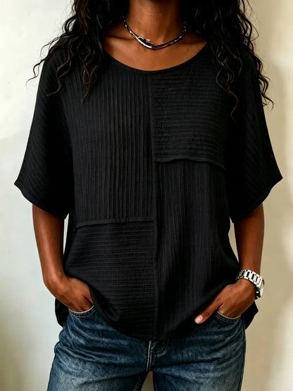 Women's Patchwork Textured Top | Round Neck Short Sleeve Casual Blouse for Summer & Everyday Wear