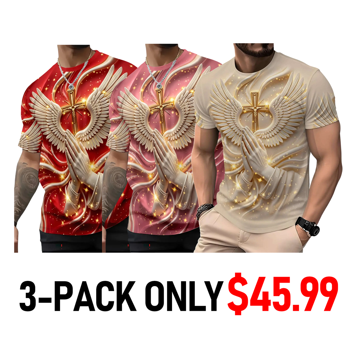 Men's Religious Prayer Angel Wings Cross 3D High Definition Graphic Print T-Shirt