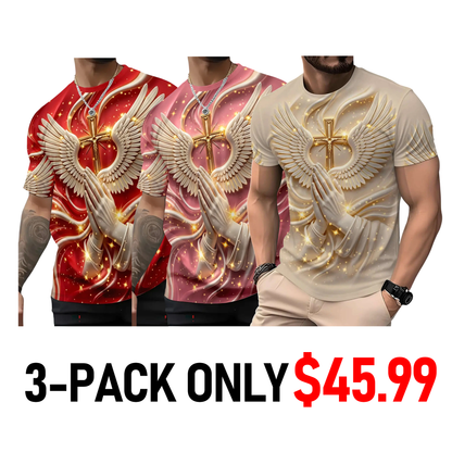 Men's Religious Prayer Angel Wings Cross 3D High Definition Graphic Print T-Shirt