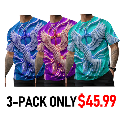 Men's Religious Prayer Angel Wings Cross 3D High Definition Graphic Print T-Shirt