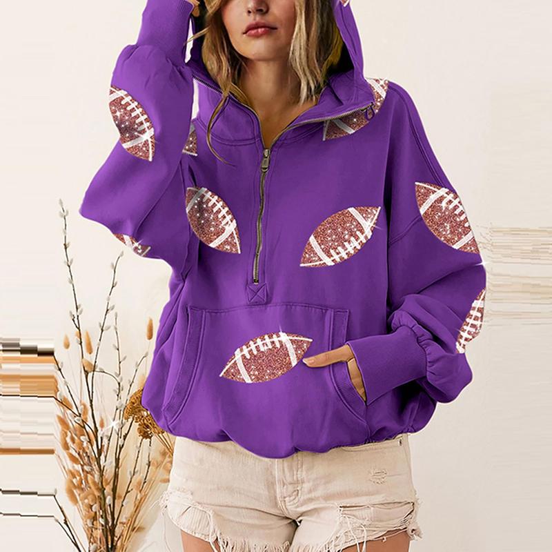 Game Day Sweatshirts Football Sequin Hoodies Tailgate Outfits Long Sleeve Zipper Sweaters with Pocket
