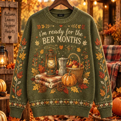 Women's Autumn "ber Months" Green Knit Sweater With Lantern, Moka Pot & Pumpkin Pattern