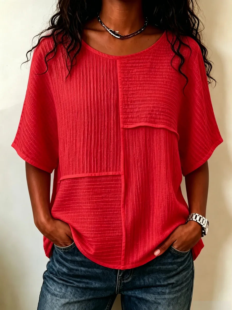 Women's Patchwork Textured Top | Round Neck Short Sleeve Casual Blouse for Summer & Everyday Wear