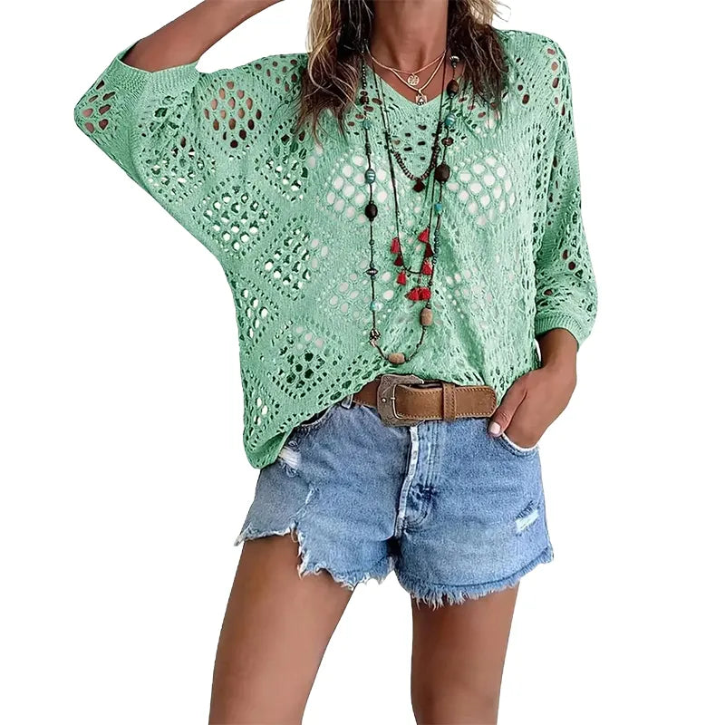 Women's Sexy Hollow Out Crochet Top – Boho Batwing Sleeve V-Neck, Lightweight Beach Vacation Blouse