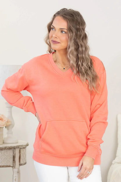 Women's Pigment-Dyed V-Neck Sweatshirt | Soft Stretch Fleece Pullover with Kangaroo Pocket