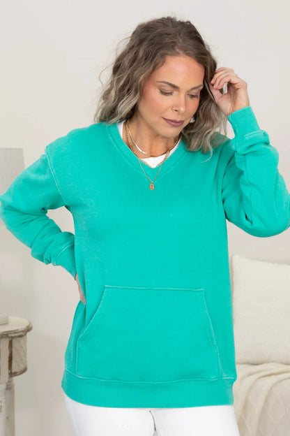 Women's Pigment-Dyed V-Neck Sweatshirt | Soft Stretch Fleece Pullover with Kangaroo Pocket