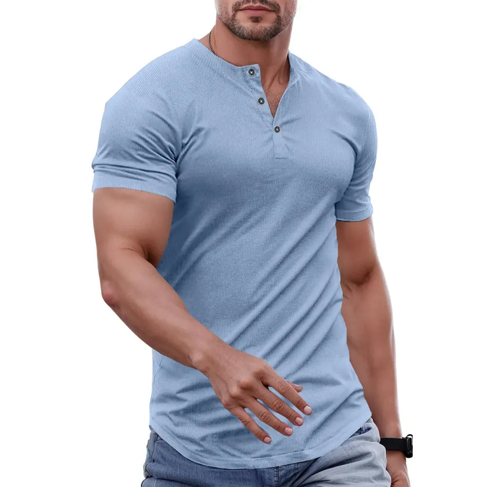Men's Ribbed Henley T-Shirt – Slim Muscle Fit, Soft Stretch Short Sleeve Tee for Gym, Casual & Everyday Wear
