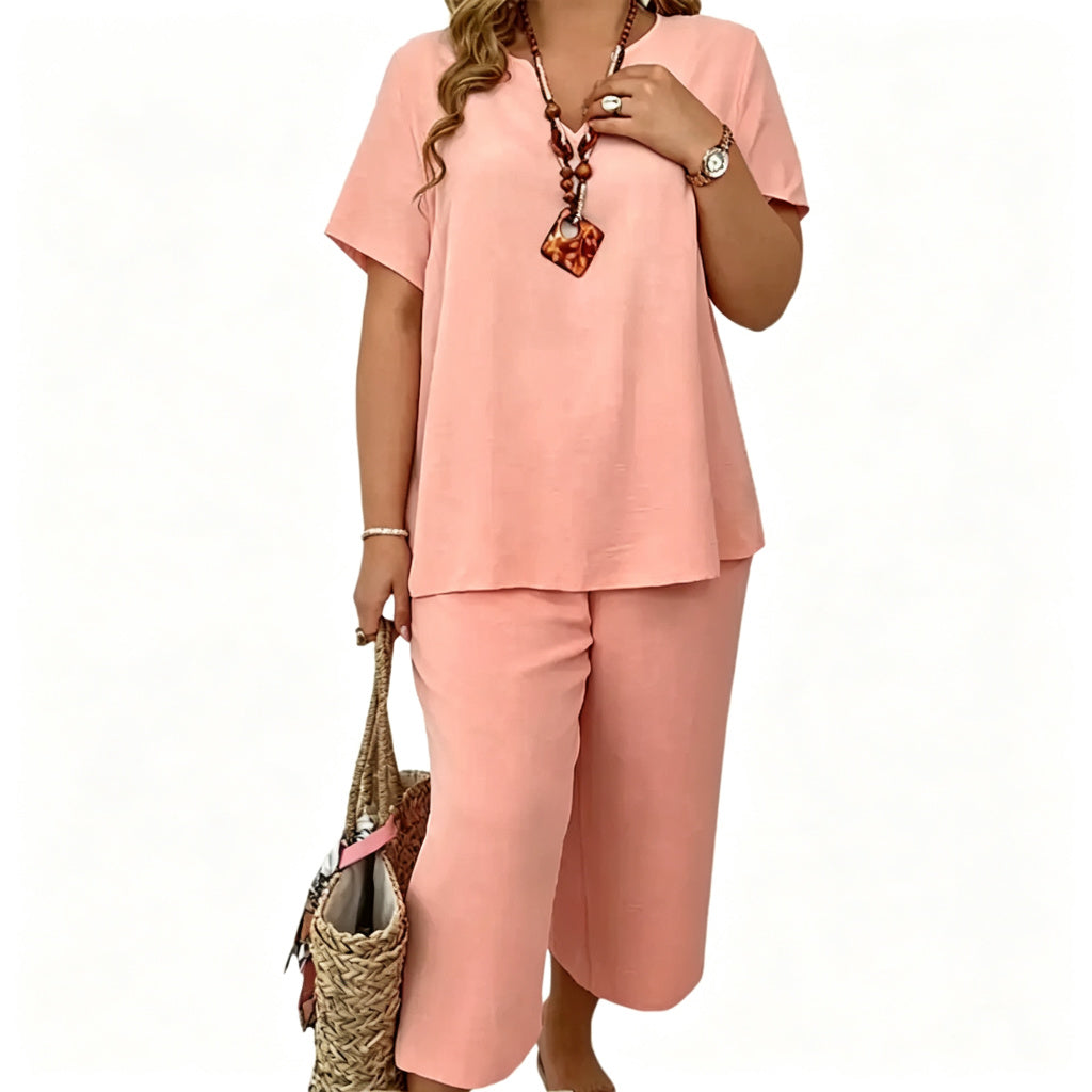 Women's 2-Piece Linen Blend Set – V-Neck Short Sleeve Top & Flowy Wide Leg Pants, Relaxed Fit Beach Vacation Outfit
