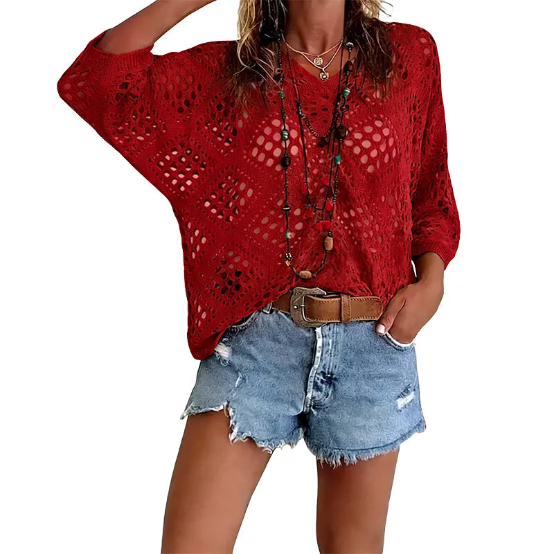 Women's Sexy Hollow Out Crochet Top – Boho Batwing Sleeve V-Neck, Lightweight Beach Vacation Blouse