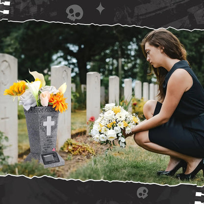 🔥Solar Cemetery Grave Vase with LED – Headstone Flower Vase with Ground Spike for Fresh/Artificial Flowers✨