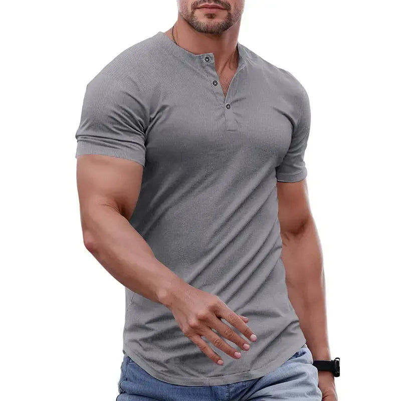 Men's Ribbed Henley T-Shirt – Slim Muscle Fit, Soft Stretch Short Sleeve Tee for Gym, Casual & Everyday Wear