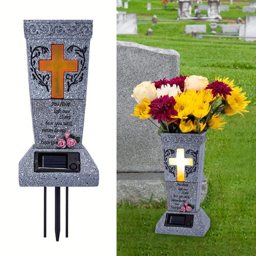🔥Solar Cemetery Grave Vase with LED – Headstone Flower Vase with Ground Spike for Fresh/Artificial Flowers✨