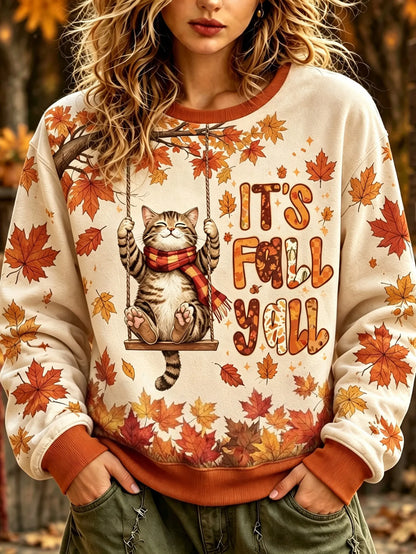 Women's Cat And Maple Leaf Print Sweatshirt