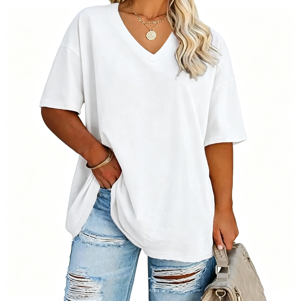 Women's Plus Size V-Neck Tunic Top – Soft Cotton Relaxed Fit Casual Tee, Flattering & Comfortable Everyday Shirt