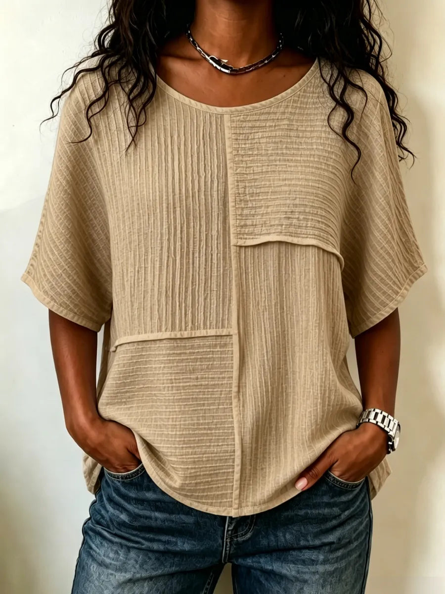 Women's Patchwork Textured Top | Round Neck Short Sleeve Casual Blouse for Summer & Everyday Wear