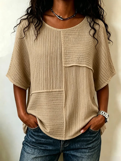 Women's Patchwork Textured Top | Round Neck Short Sleeve Casual Blouse for Summer & Everyday Wear