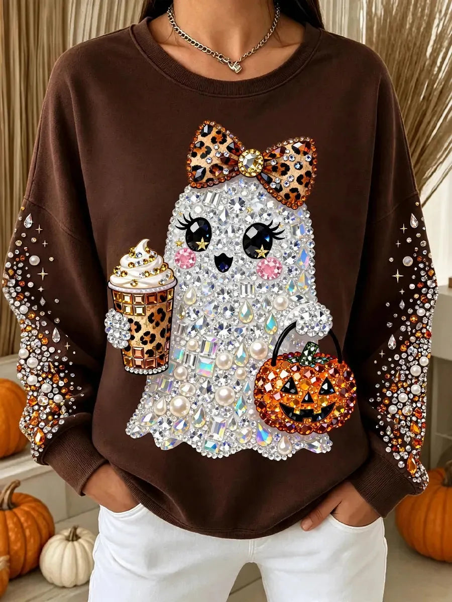 Vintage Autumn Halloween Ghost Pumpkin Art Print Crewneck Sweatshirt