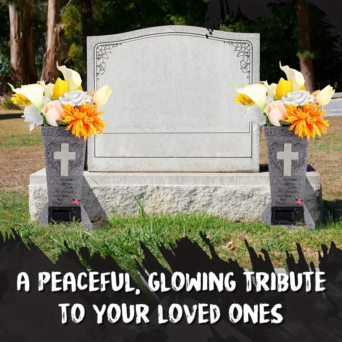 🔥Solar Cemetery Grave Vase with LED – Headstone Flower Vase with Ground Spike for Fresh/Artificial Flowers✨