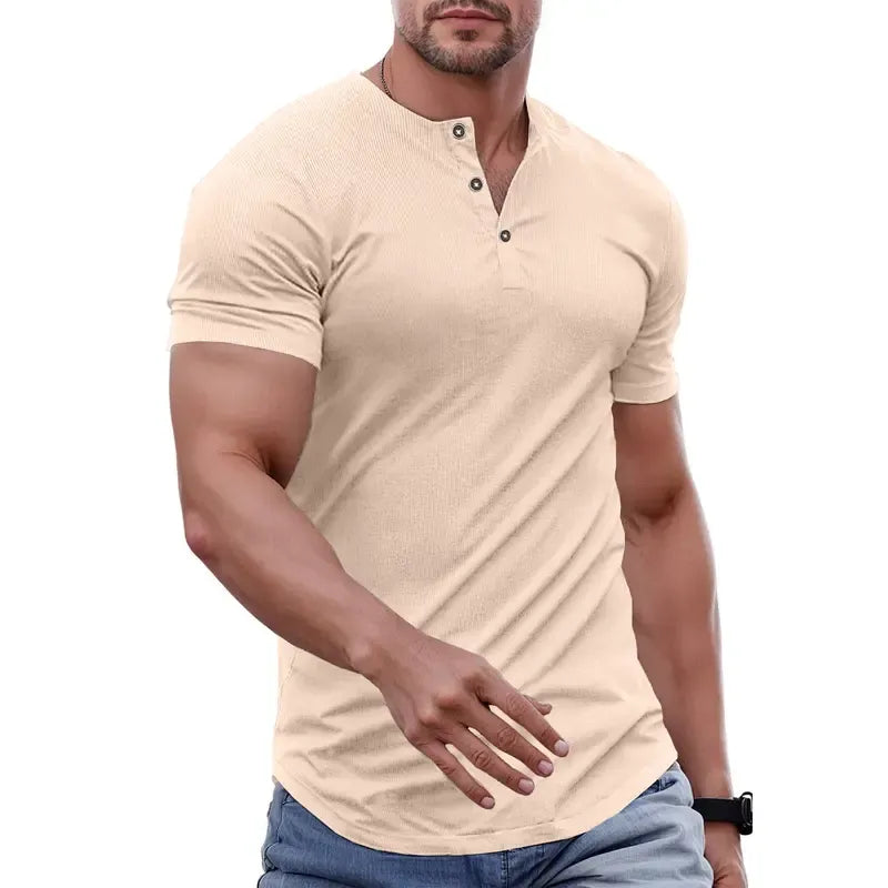 Men's Ribbed Henley T-Shirt – Slim Muscle Fit, Soft Stretch Short Sleeve Tee for Gym, Casual & Everyday Wear