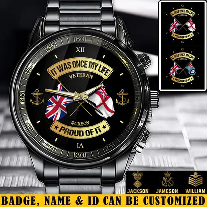 Personalized UK Soldier/ Veteran With Name and Rank Black Stainless Steel Watch