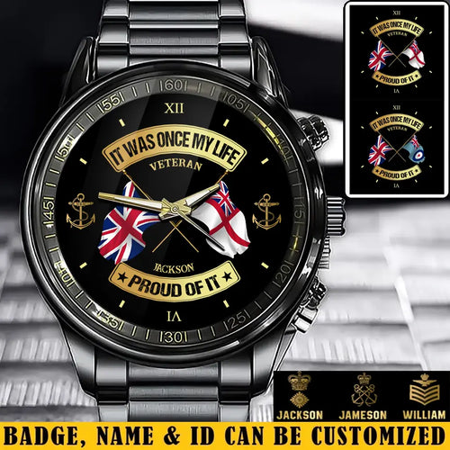 Personalized UK Soldier/ Veteran With Name and Rank Black Stainless Steel Watch