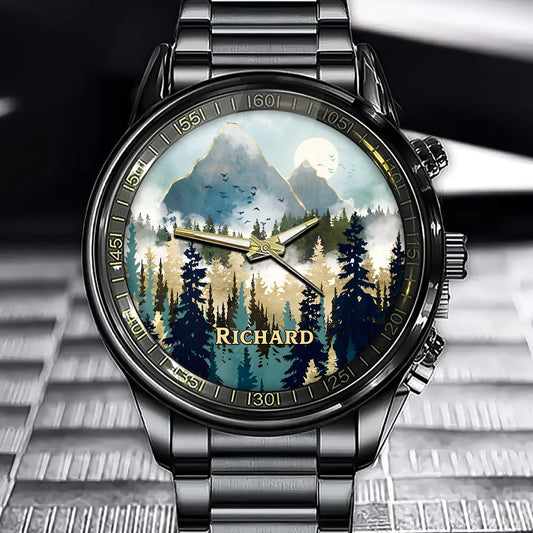 Golden Forest Serenity Watch – Personalized Name on Artistic Scenic Dial