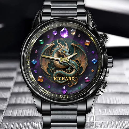 Personalized Dragon Treasure Watch - Your Name on This Magical Gem Design