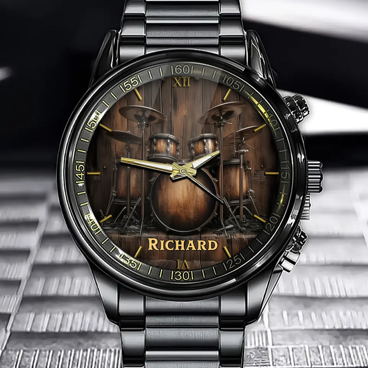 Personalized Rustic Drum Set Watch - Add Your Name to the Heartbeat of Music