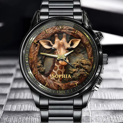 Elegant Safari Giraffe Watch - Personalized Name in the African Landscape