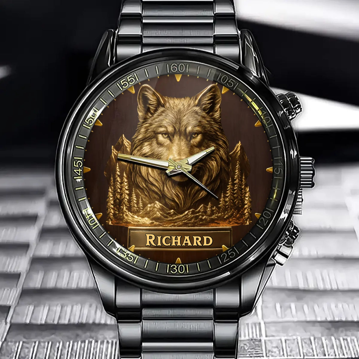 Personalized Name Wilderness Legend Watch – Artistic Wolf & Nature Design