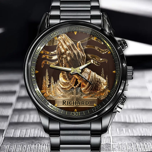 Personalized Golden Prayer Hands Watch – Spiritual & Elegant Design