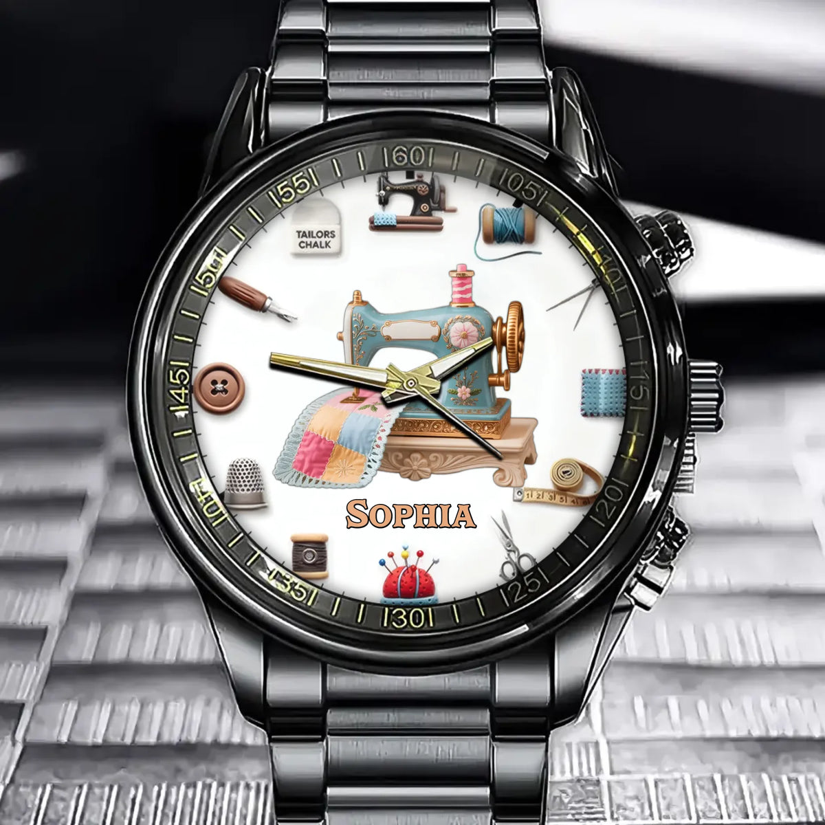 Personalized Vintage Sewing Machine Watch, Customizable Element for Sewists