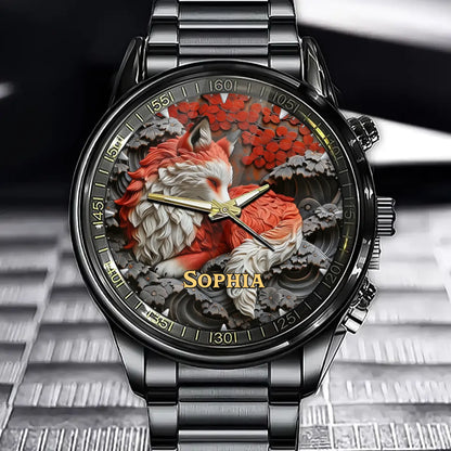 Personalized Woodland Fox Watch – Artistic Animal Design with Custom Name