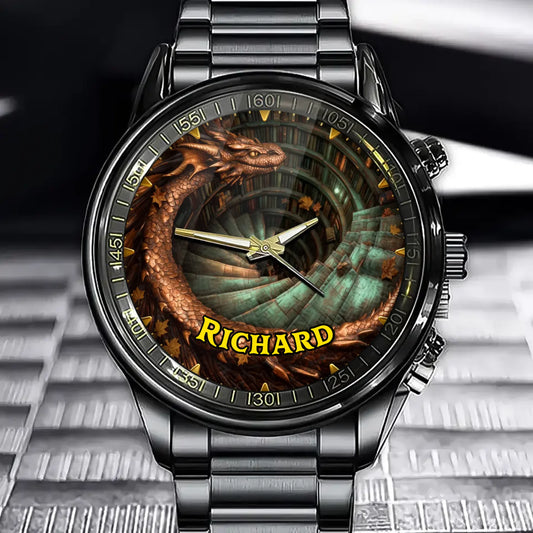 Personalized Spiral Watcher Dragon Design Watch - Custom Name Fantasy Timepiece