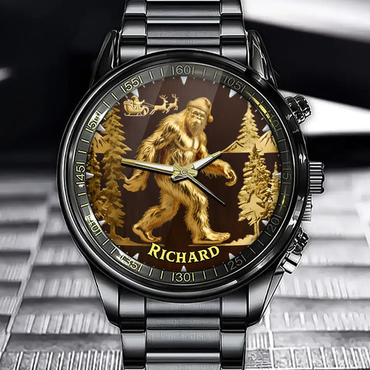 Personalized Christmas Bigfoot Watch - Custom Name, Distinctive Forest & Cryptid Timepiece