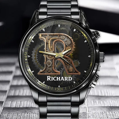Personalized Steampunk Initial Watch - Gear-Embellished Monogram Dial with Custom Name