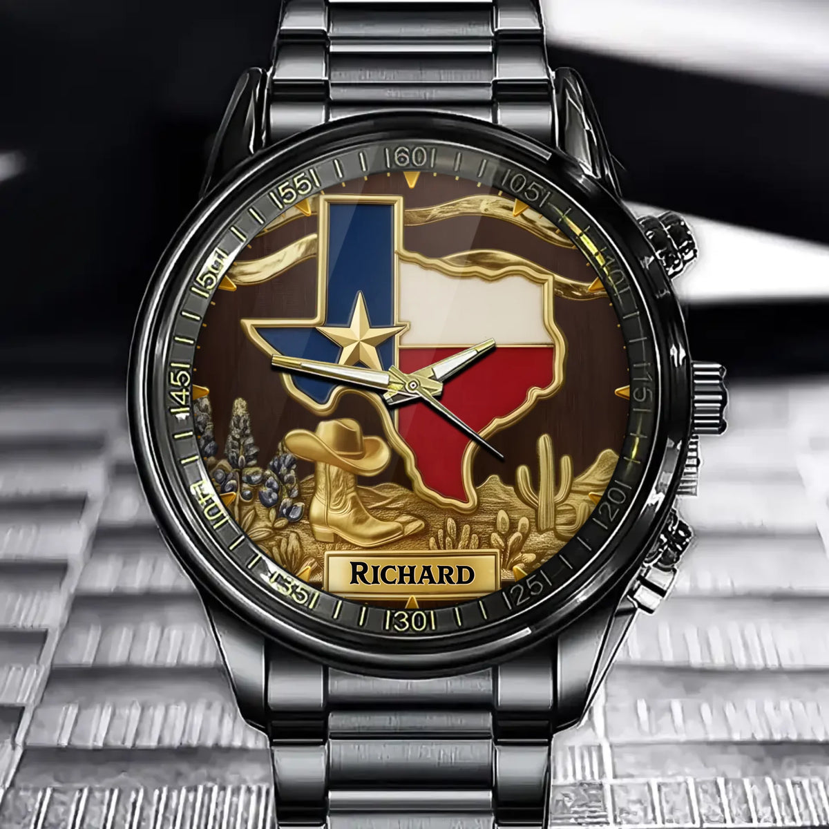 Personalized Strong Texas Watch - Engraved Western Cowboy Boots & Bluebonnet Cactus Themed Timepiece