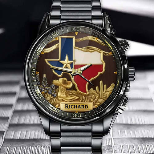 Personalized Strong Texas Watch - Engraved Western Cowboy Boots & Bluebonnet Cactus Themed Timepiece
