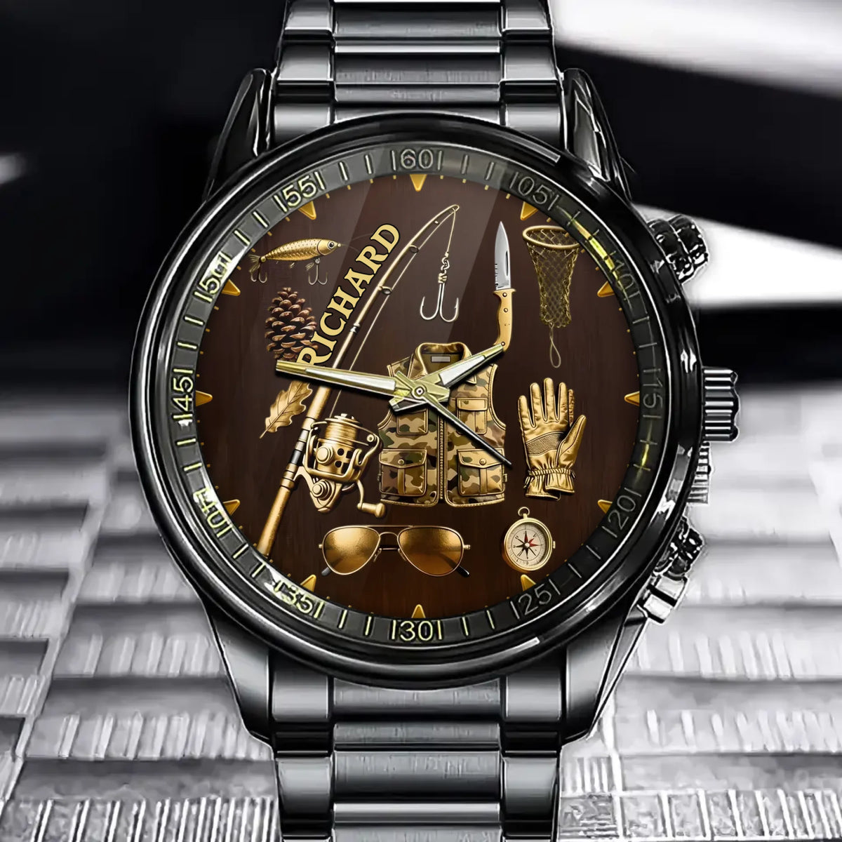 Personalized Fishing Enthusiast Watch - Outdoor Gear Dial with Custom Name Addition