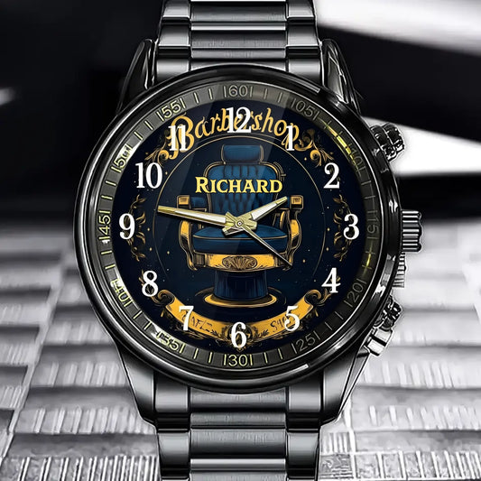 Personalized Barbershop Style Watch - Vintage Chair Design And Custom Name Personalization