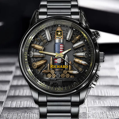 Personalized Military Bullet Watch - A Special Gift for Veterans. Customizable with branch of service and name.