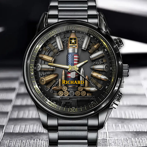Personalized Military Bullet Watch - A Special Gift for Veterans. Customizable with branch of service and name.