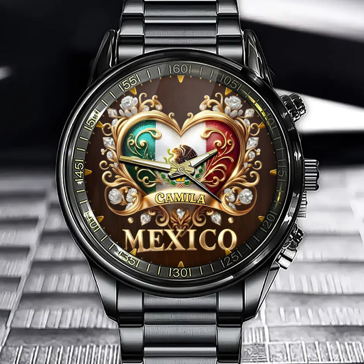 Personalized Golden Mexico Pride Watch – Custom Name Edition with Elegant Luxurious Details